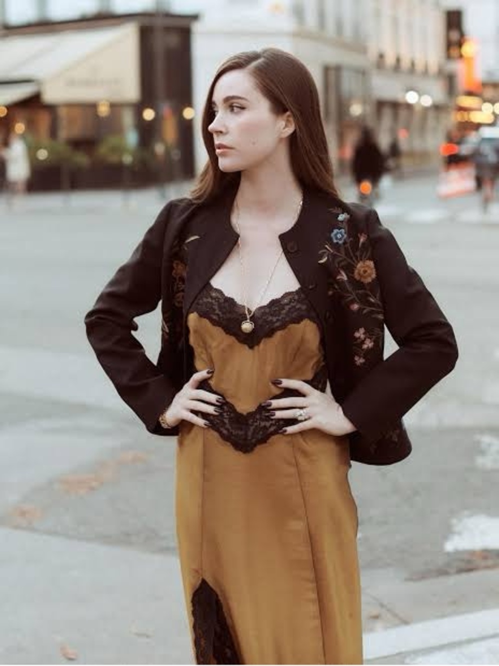 Hill House The Ida Slip Dress in Amber Crushed Satin Large Gold Black Vintage - Picture 3 of 5